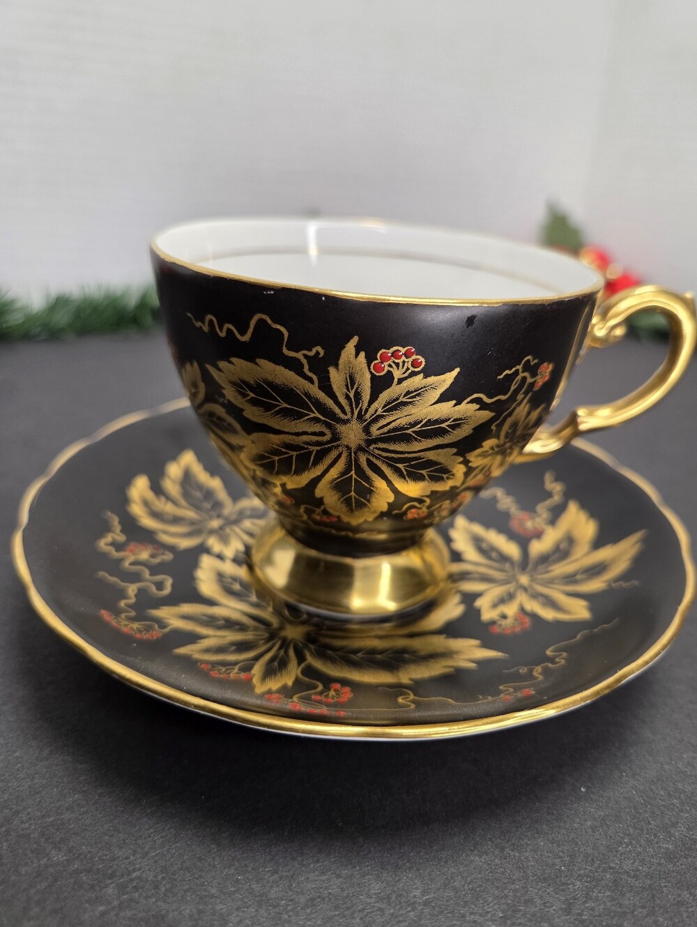 Tuscan Fine English Bone China Black and Gold Teacup & Saucer Set Vintage MCM